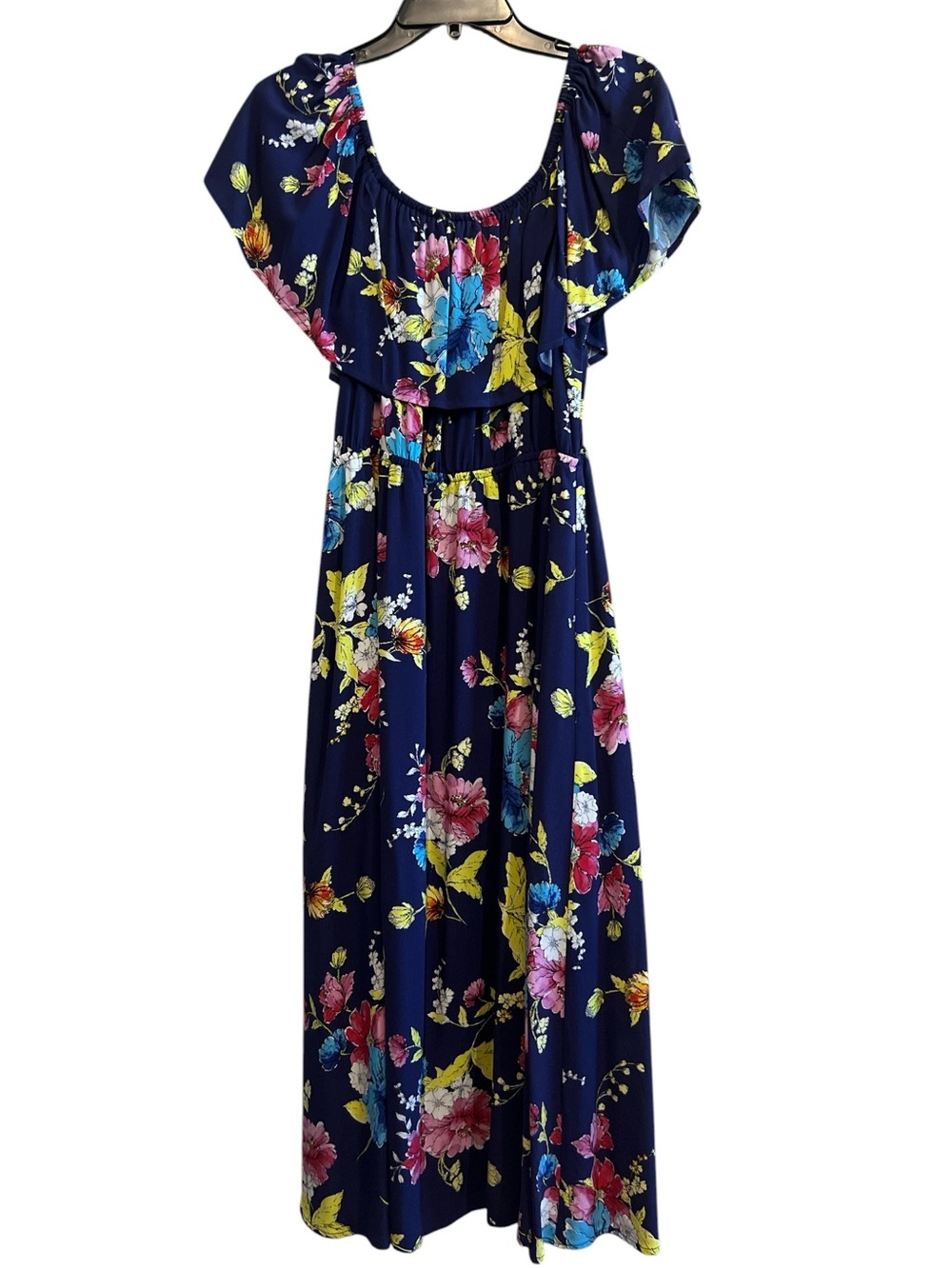 BP. Navy Floral Midi Dress with Ruffle Overlay Size Large - Picture 2 of 8